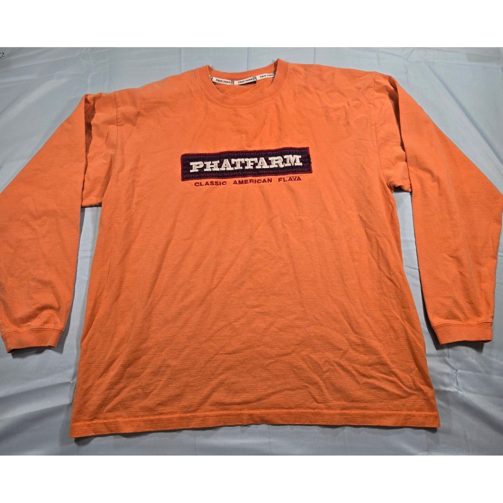 Vintage Phat Farm Y2K Long Sleeve T-Shirt Orange Embroidered Logo Mens XL